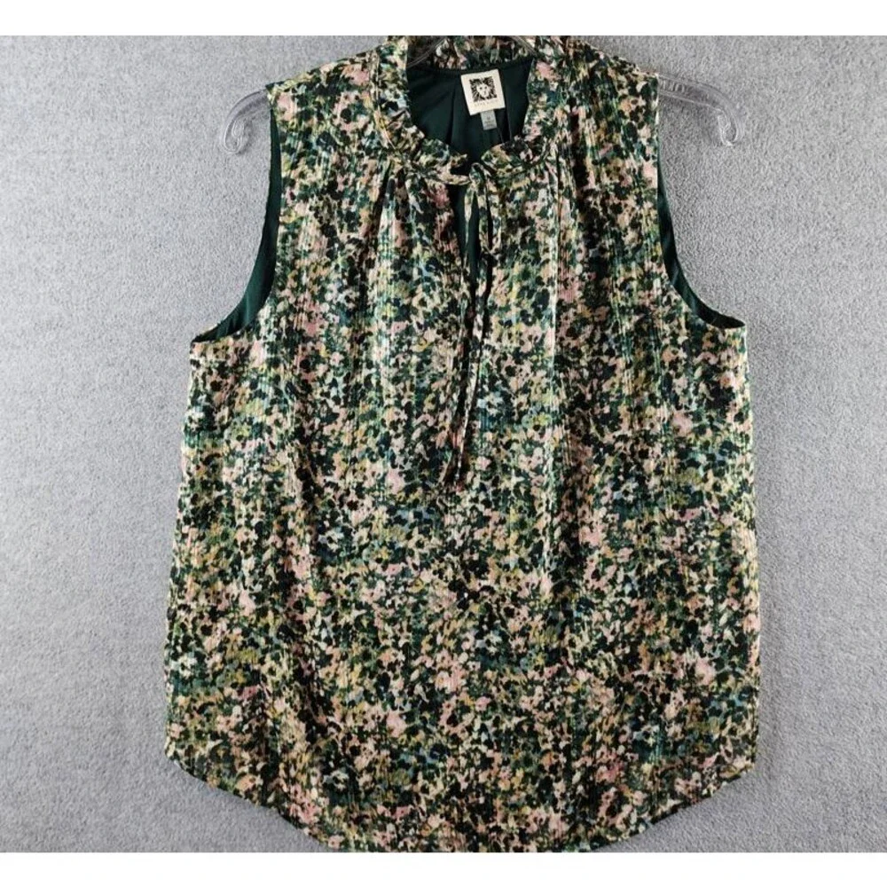 Anne Klein Tulla Printed Tie-Neck Blouse Women's M Pine Forest Multi Pullover - Picture 2 of 13